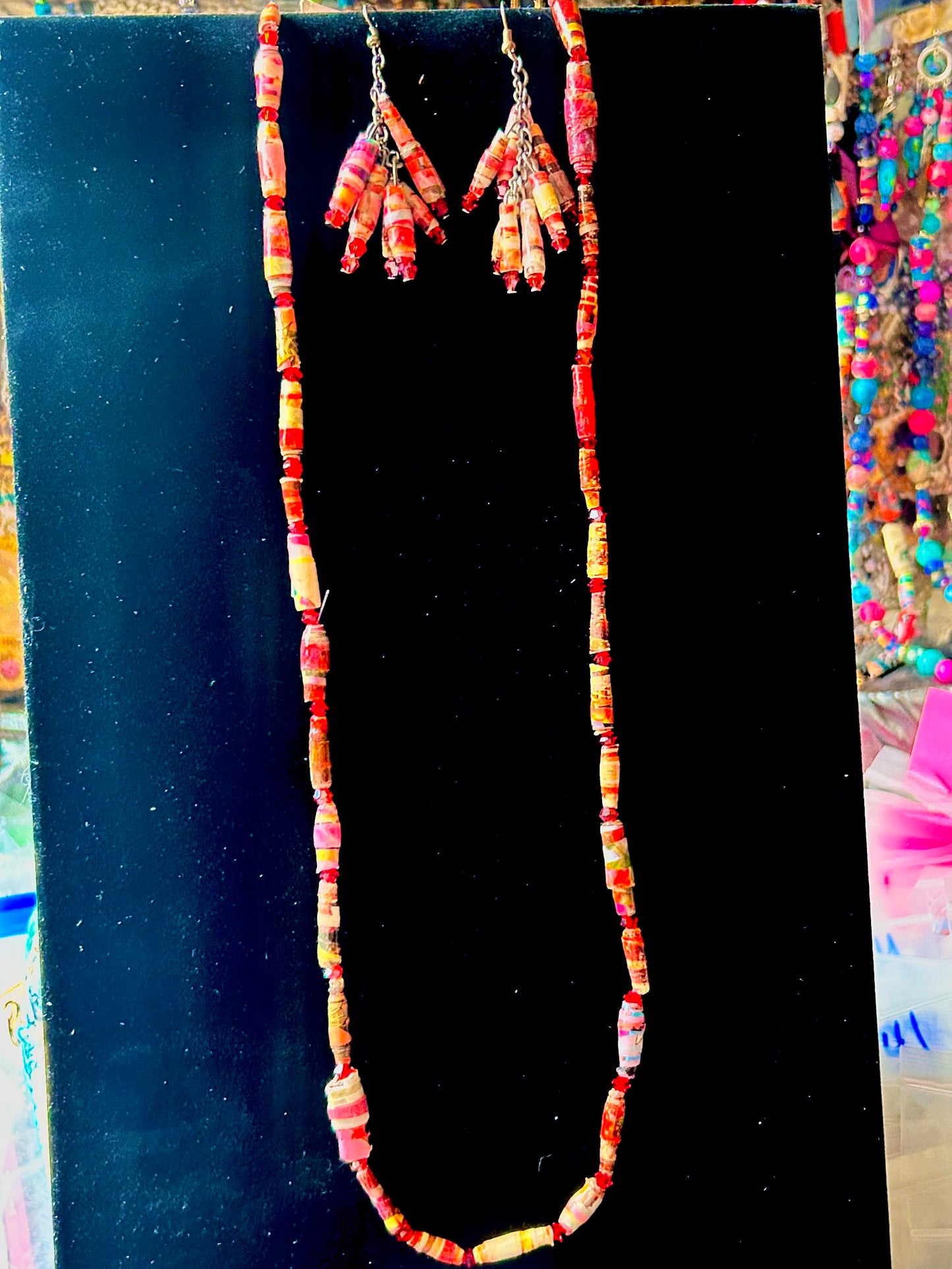 Strawberry Shortcake Artisan Handcrafted Paper Bead Necklace & Earring Set from Upcycled Magazine Paper