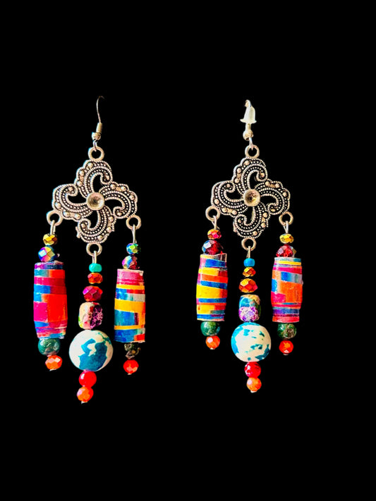 Handmade Coral, Teal, White, & Yellow 3-Drop ChandelEarrings with Polymer Clay, Crystal, and Handmade Paper Beads with Silver Plated Hypoallergenic Findings