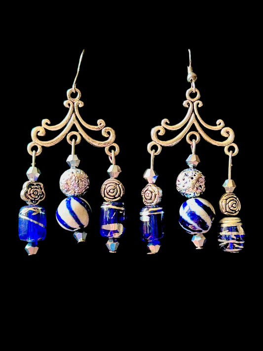 Royal Metallic Blue Swirl ChandelEarrings with Glass & Metallic Lava Beads with Hypoallergenic Silver-Plated Findings
