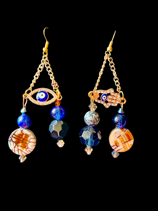 Blue & Gold Hamsa Charm Gold-Plated Chain Earrings, Homecrafted w. Crystal, Glass, and Multi-Colored Paper Bead & Hypoallergenic Silver-Plated Findings