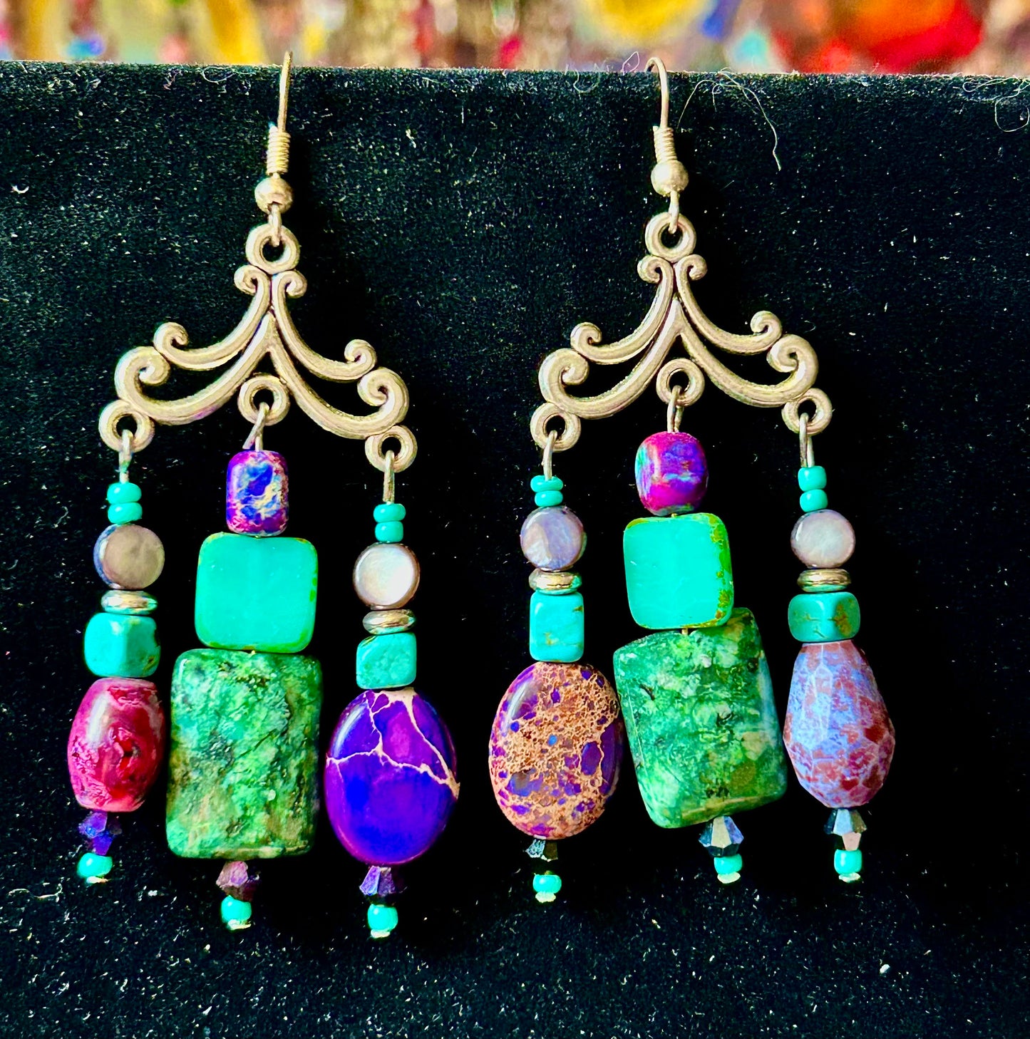 Royal Purple & Teal 3-Drop Homecrafted ChandelEarrings w. Crystal, Glass, and Multi-Colored Paper Bead & Hypoallergenic Silver-Plated Findings