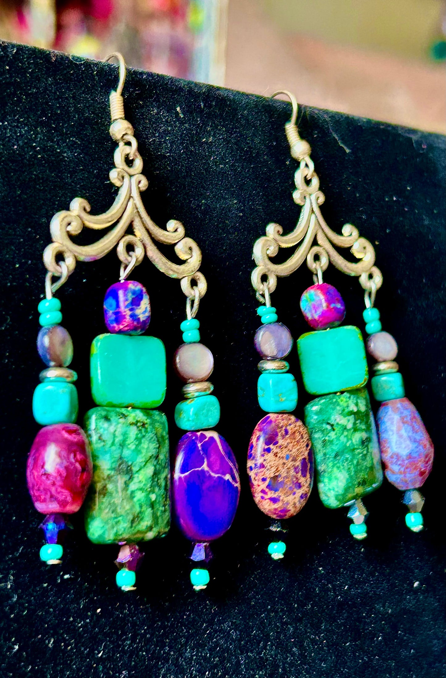 Royal Purple & Teal 3-Drop Homecrafted ChandelEarrings w. Crystal, Glass, and Multi-Colored Paper Bead & Hypoallergenic Silver-Plated Findings