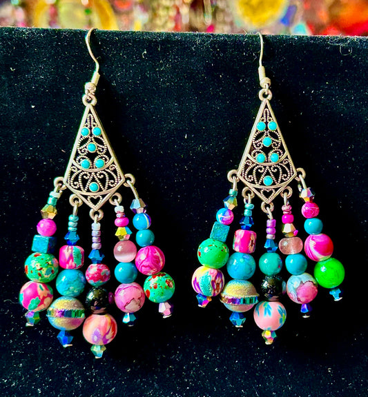 Super Space Cadette 5-Drop ChandelEarrings with Turquoise Studded Findings So Outerspace Galaxy opy)
