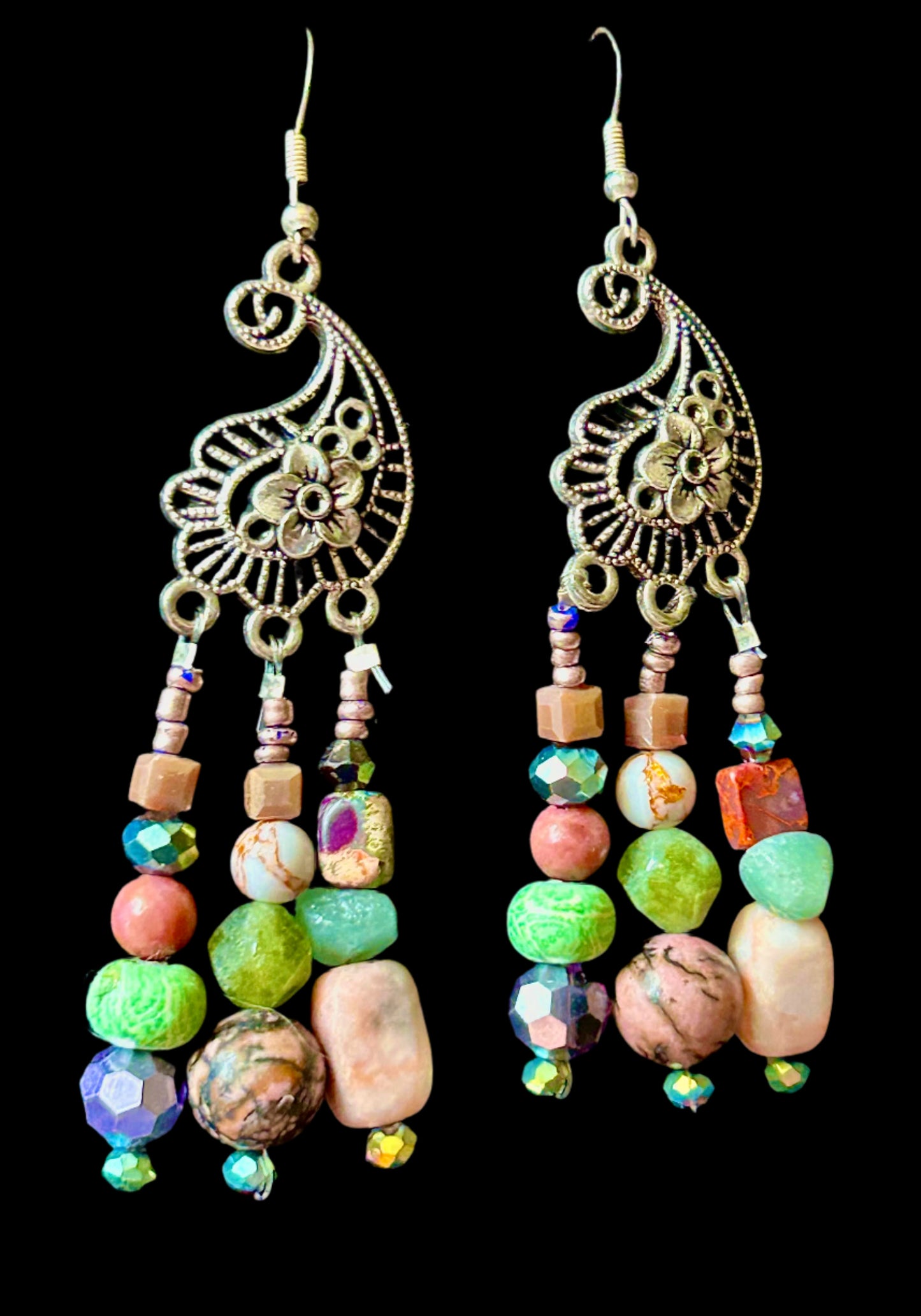 Earth Tones Peacock 3-Drop ChandelEarrings with Natural Stone & Glass Beads w. Hypoallergenic Silver-plated Findings (Copy)