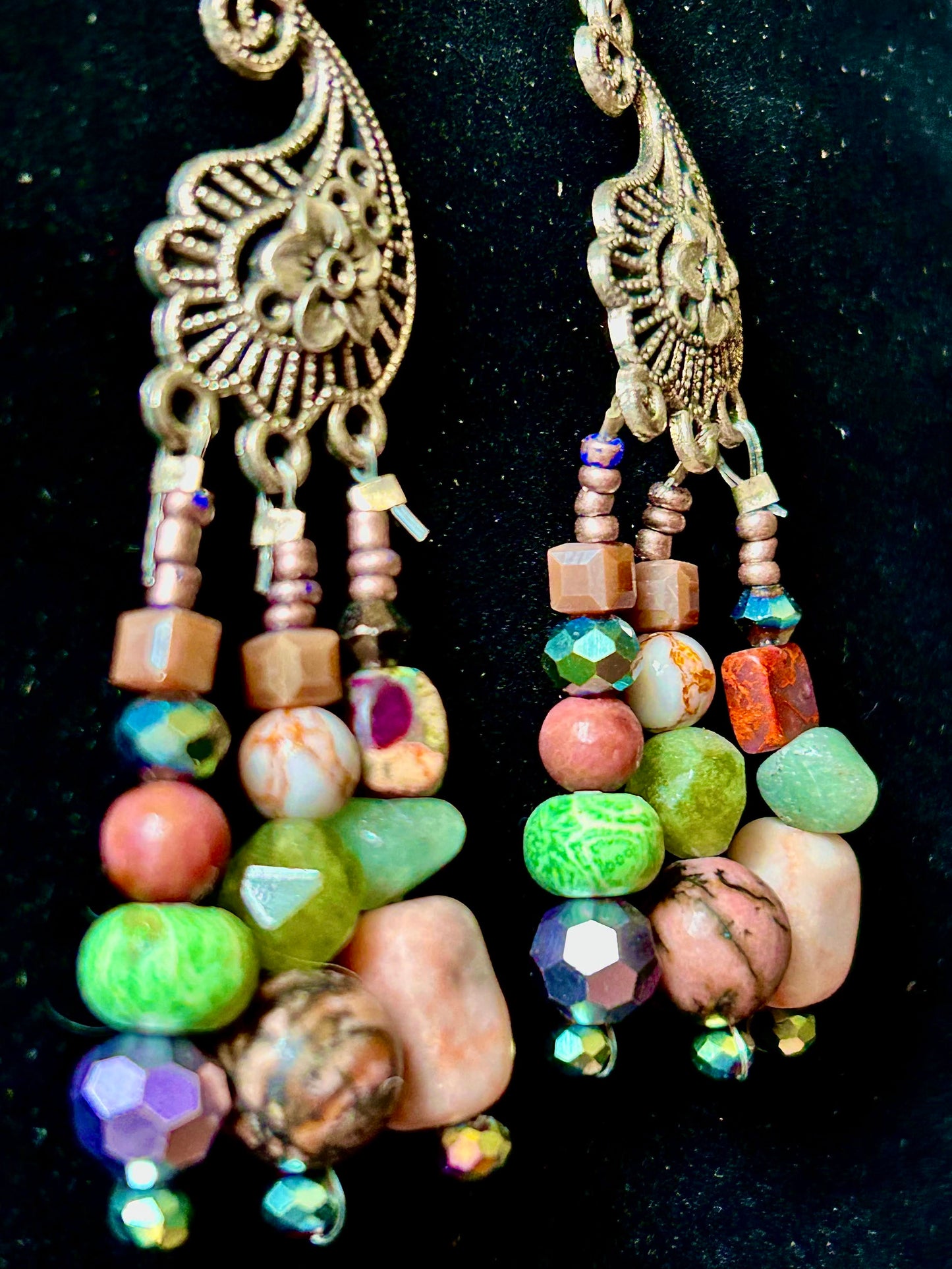 Earth Tones Peacock 3-Drop ChandelEarrings with Natural Stone & Glass Beads w. Hypoallergenic Silver-plated Findings (Copy)