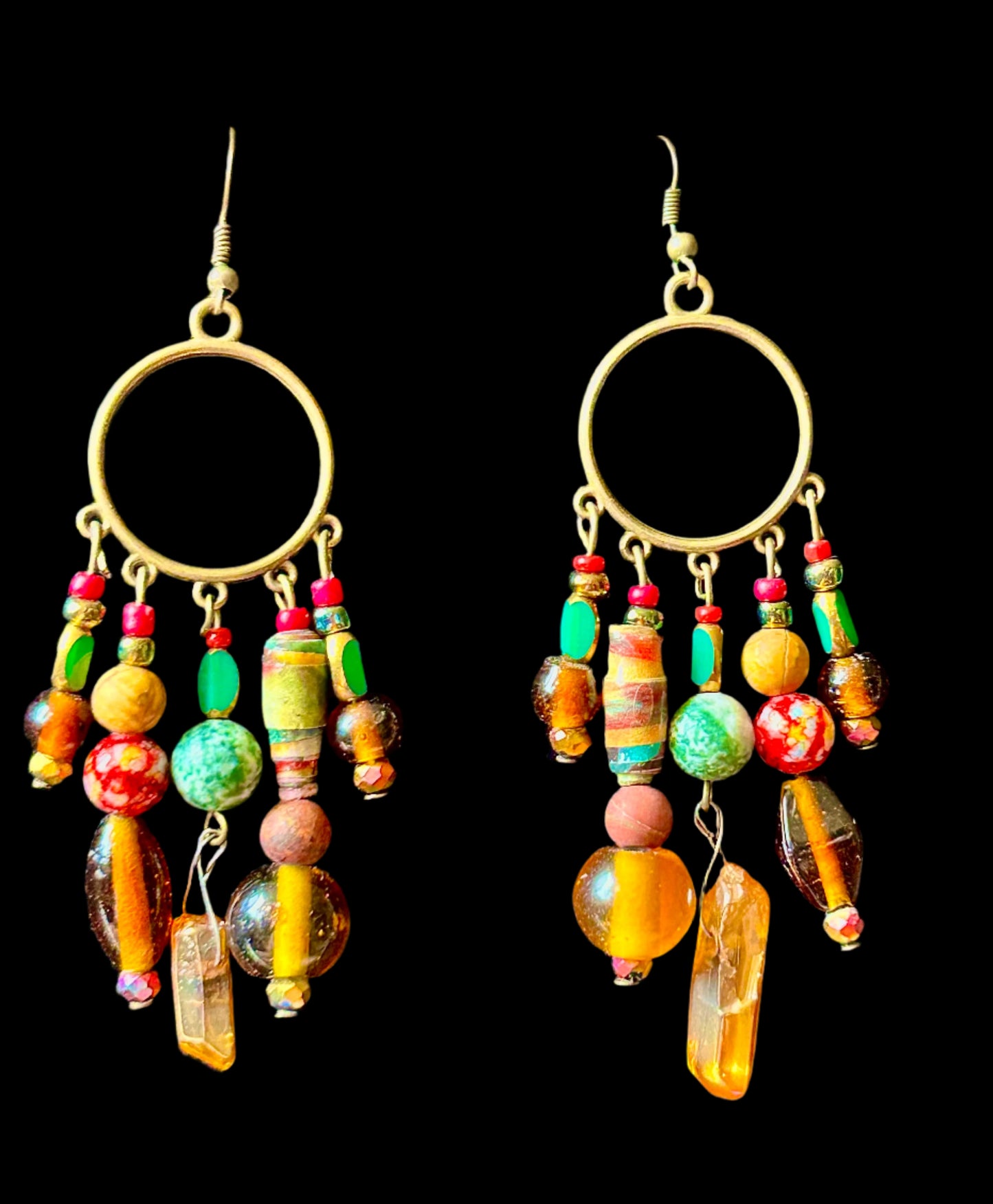 Brown Red Orange 5-Drop ChandelEarrings in Brass