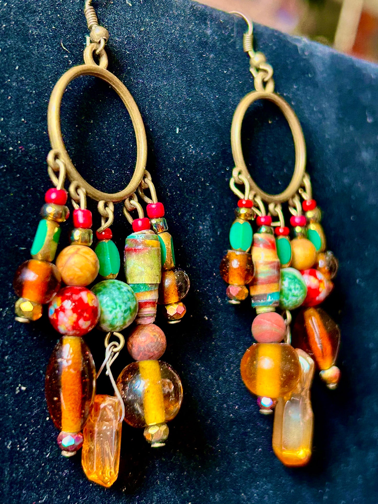 Brown Red Orange 5-Drop ChandelEarrings in Brass