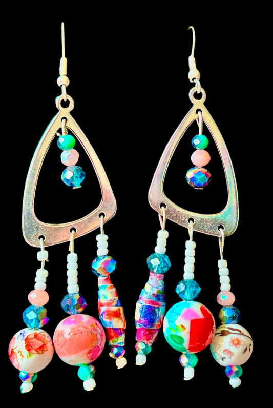 White & Green Funhouse ChandelEarrings with Homemade Paper Beads and Funky Gemstones ~ Hypoallergenic Findings Unique Design