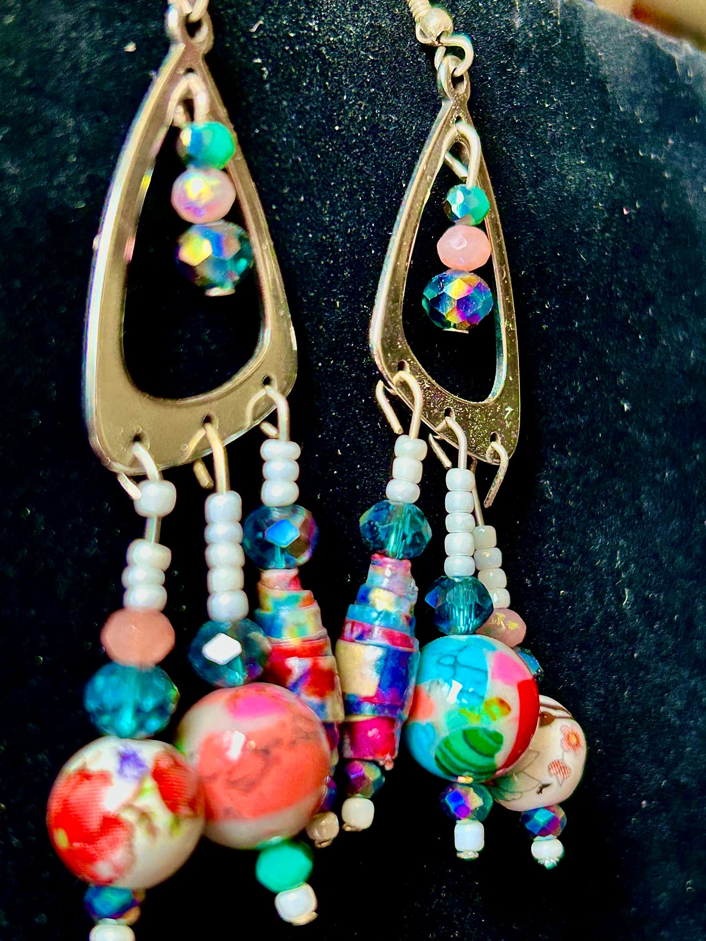 White & Green Funhouse ChandelEarrings with Homemade Paper Beads and Funky Gemstones ~ Hypoallergenic Findings Unique Design