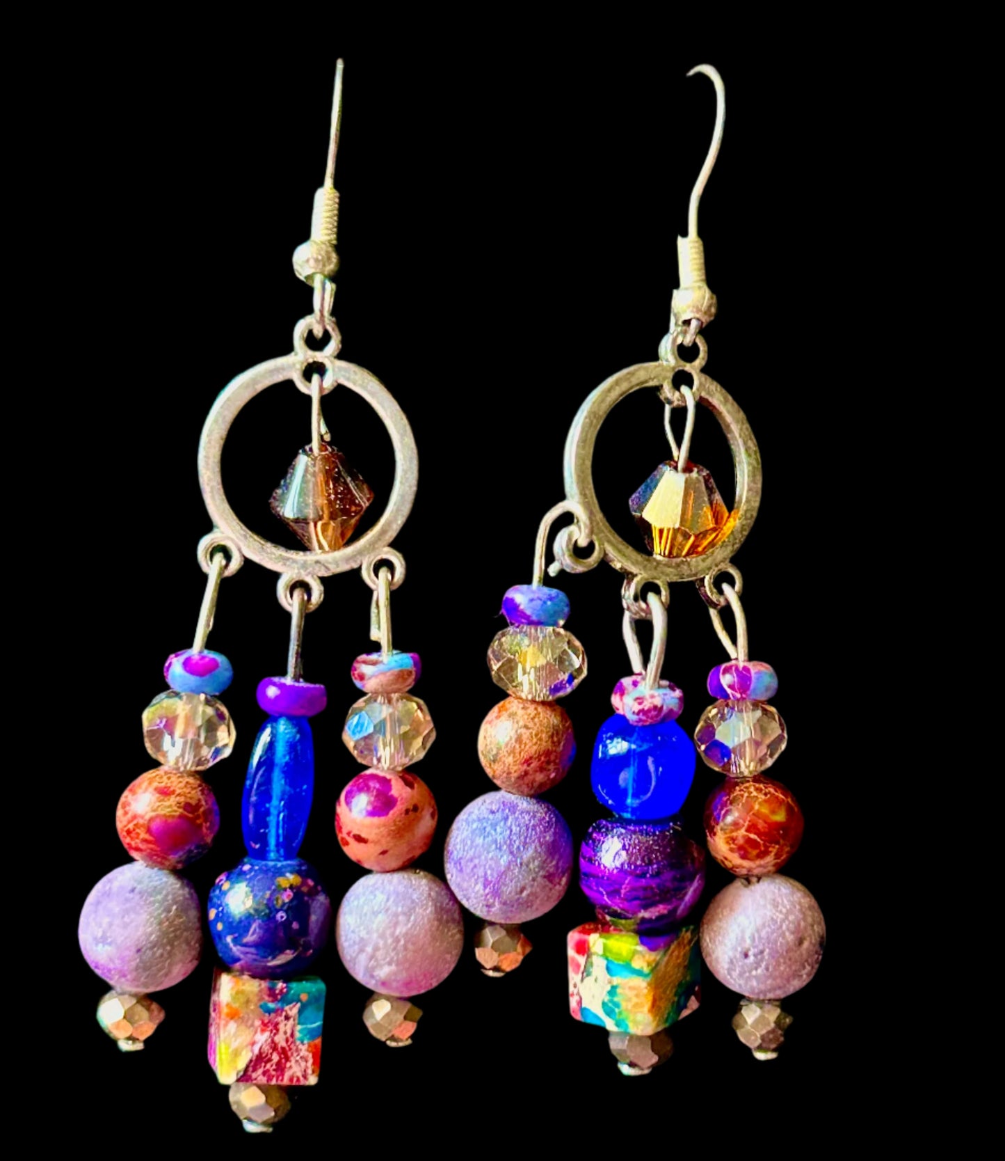 Dirty Blue and Purple 3-Drop ChandelEarrings with Natural Stone, Lave, and Glass Beads w. Hypoallergenic Findings
