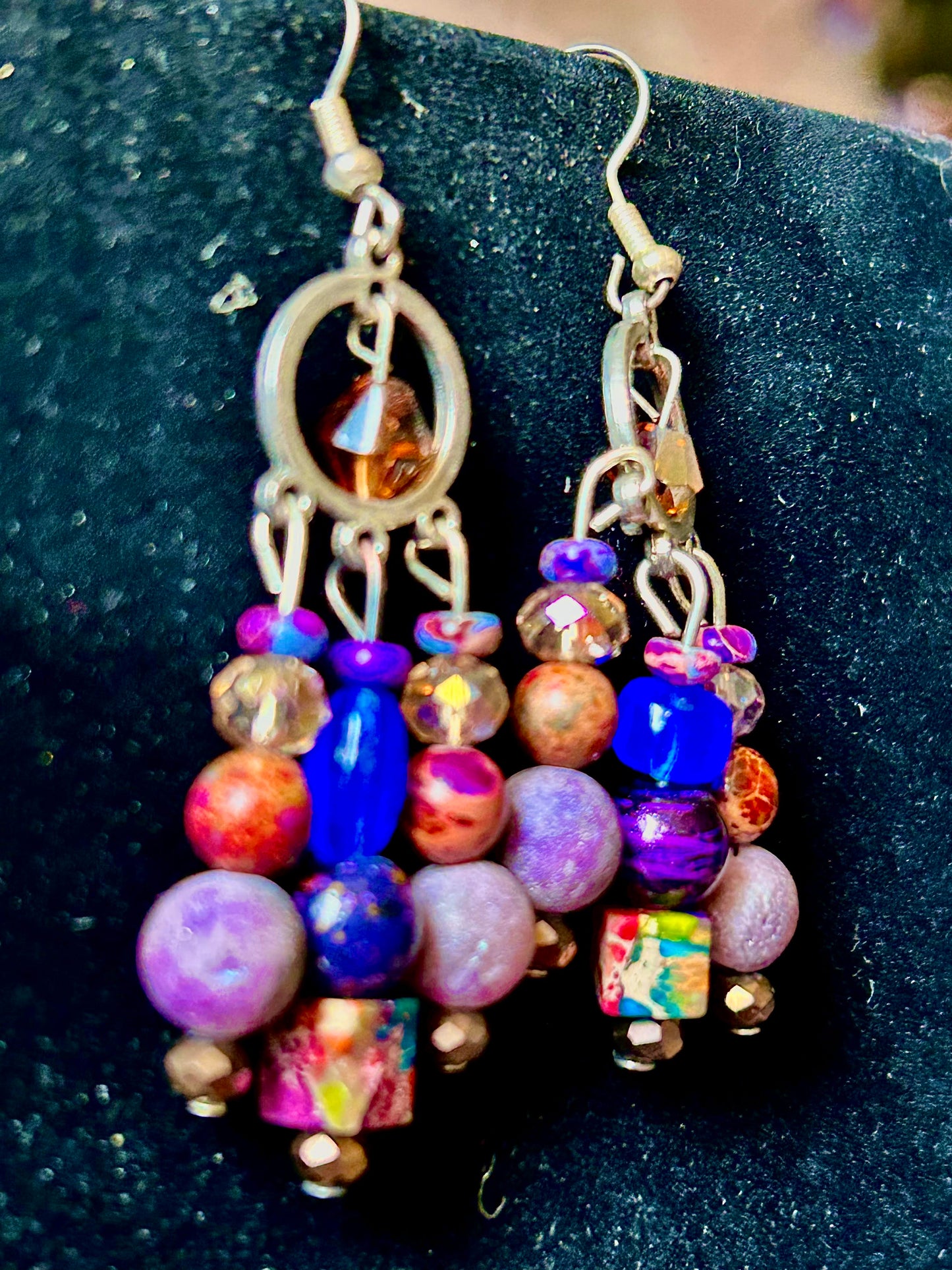 Dirty Blue and Purple 3-Drop ChandelEarrings with Natural Stone, Lave, and Glass Beads w. Hypoallergenic Findings
