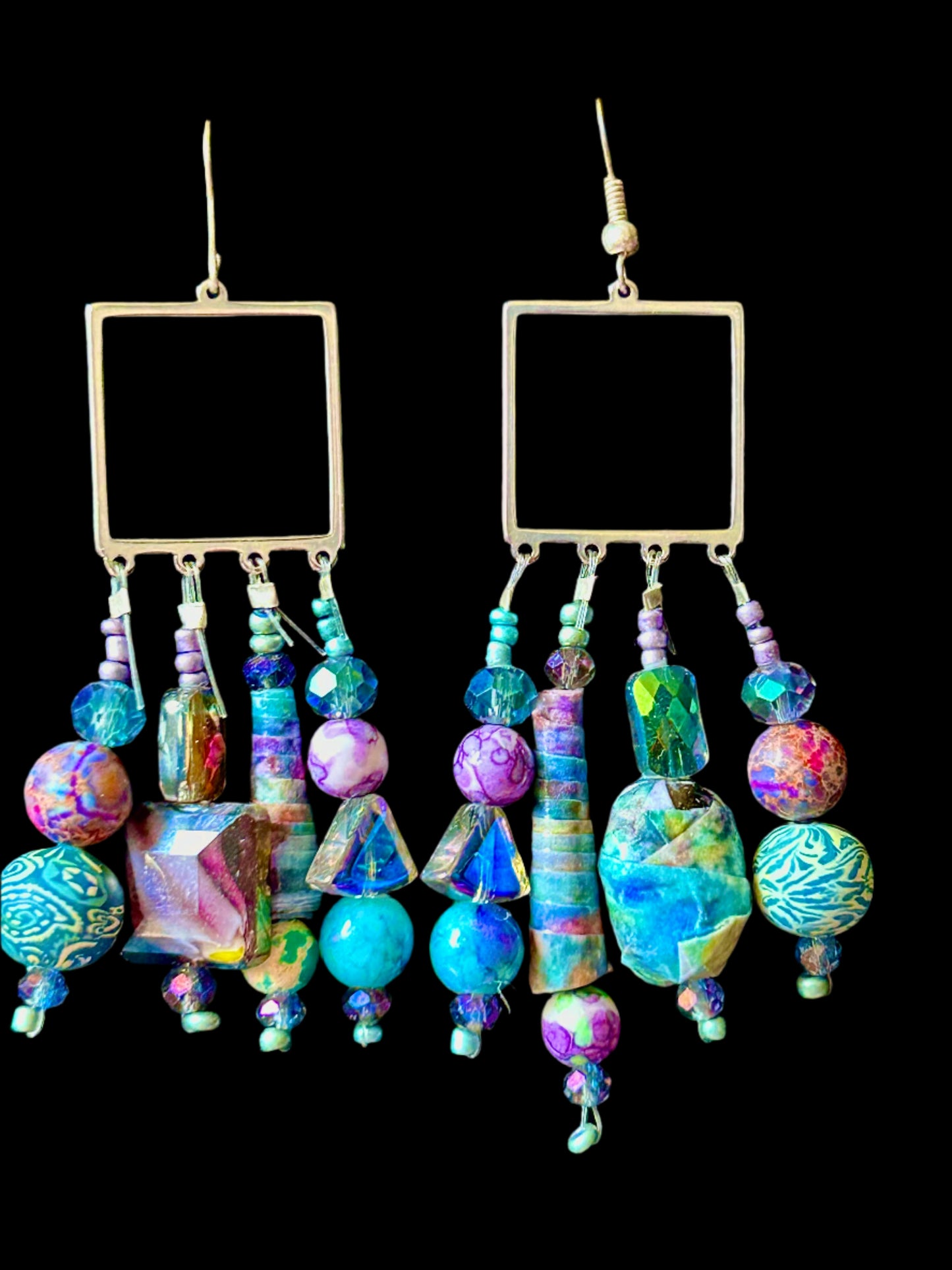 Purple and Greenish Blue Square 4-Drop ChandelEarrings ft. Decoupage Beads, Funky Gemstones and Clay Polymer Beads ~ Hypoallergenic Findings Unique Design