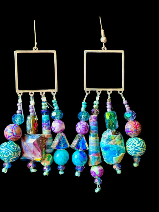 Purple and Greenish Blue Square 4-Drop ChandelEarrings ft. Decoupage Beads, Funky Gemstones and Clay Polymer Beads ~ Hypoallergenic Findings Unique Design
