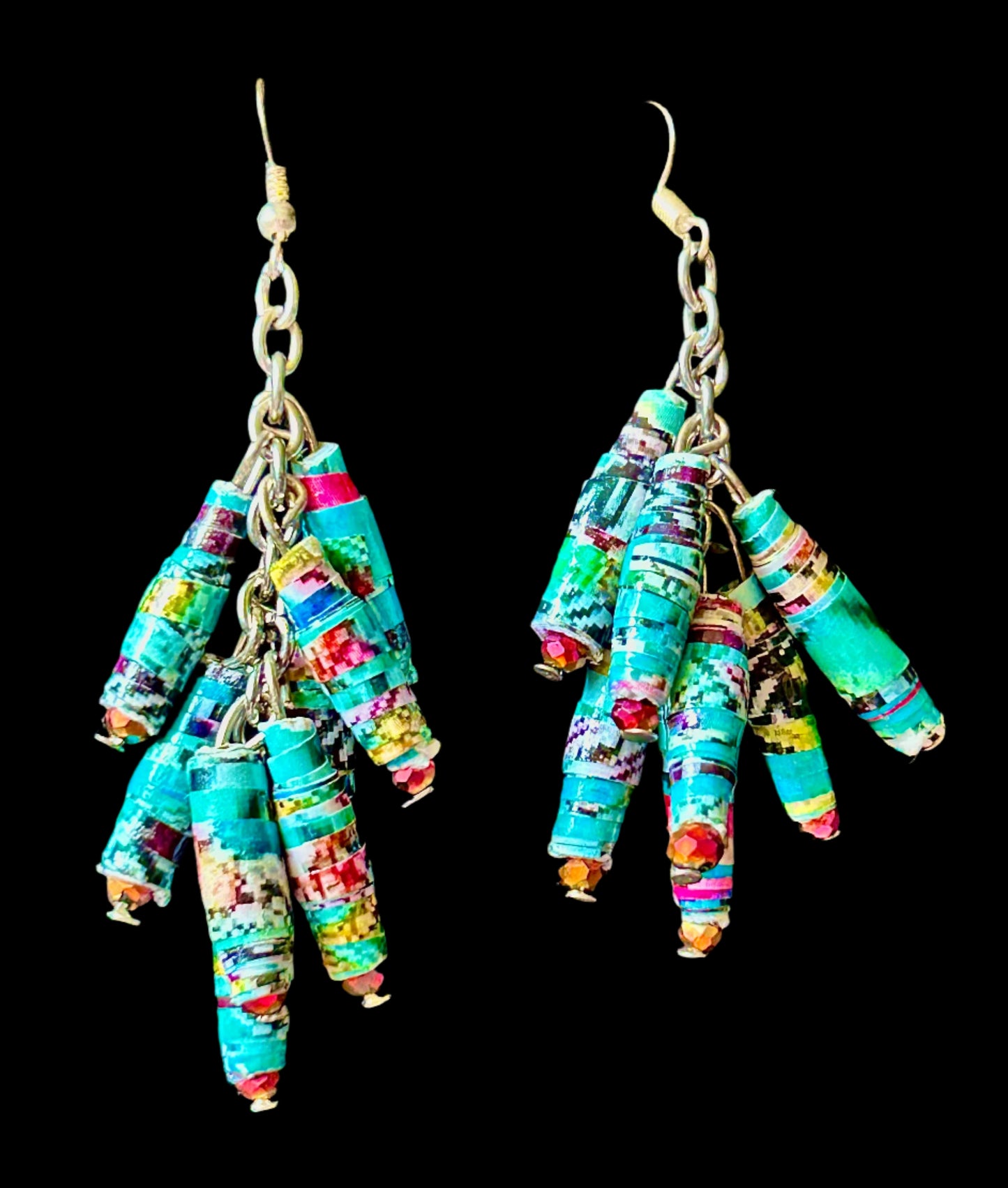 Handmade Blue - Green Cluster Chain Paper Bead Earrings with Pink Crystal-Tips with Silver Plated Hypoallergenic Findings