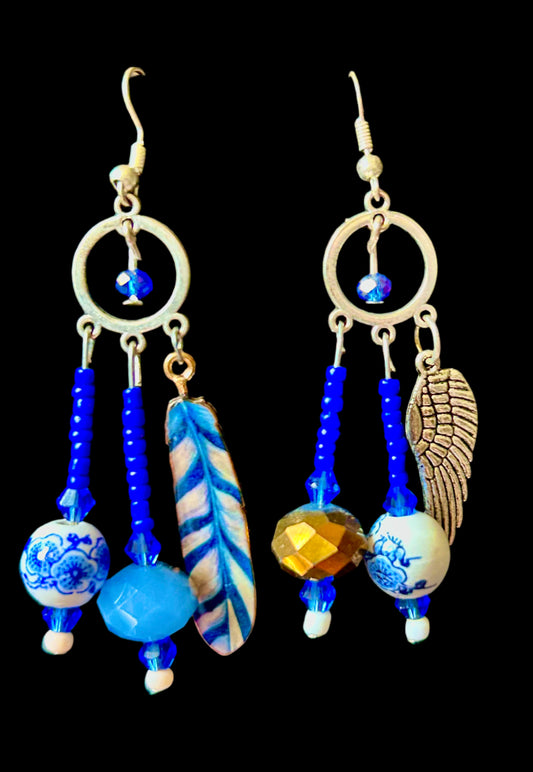 Handmade Flyest Bronze Blue Ceramic 3-Drop ChandelEarrings with Crystal, Ceramic, & Seed Beads with Wing Charm & Silver Plated Hypoallergenic Findings