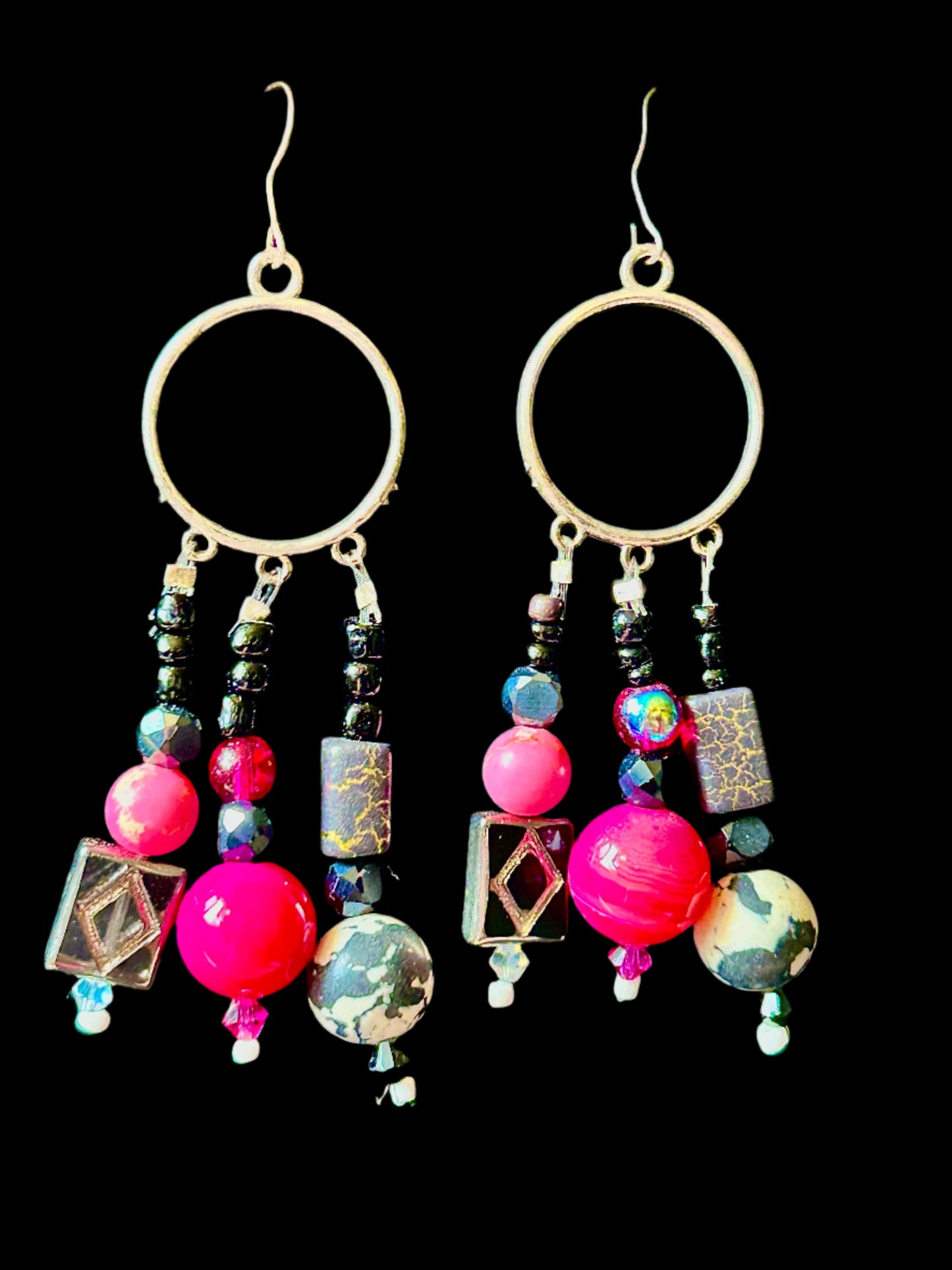 Hot Pink and Black Spotted + Crackled ChandelEarrings with Polymer Clay, and Czech Glass Beads w. Hypoallergenic Silver-plated Findings