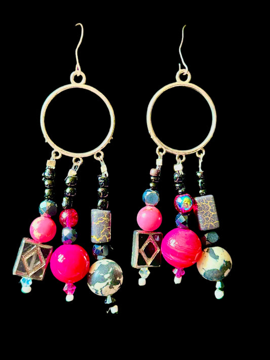 Hot Pink and Black Spotted + Crackled ChandelEarrings with Polymer Clay, and Czech Glass Beads w. Hypoallergenic Silver-plated Findings