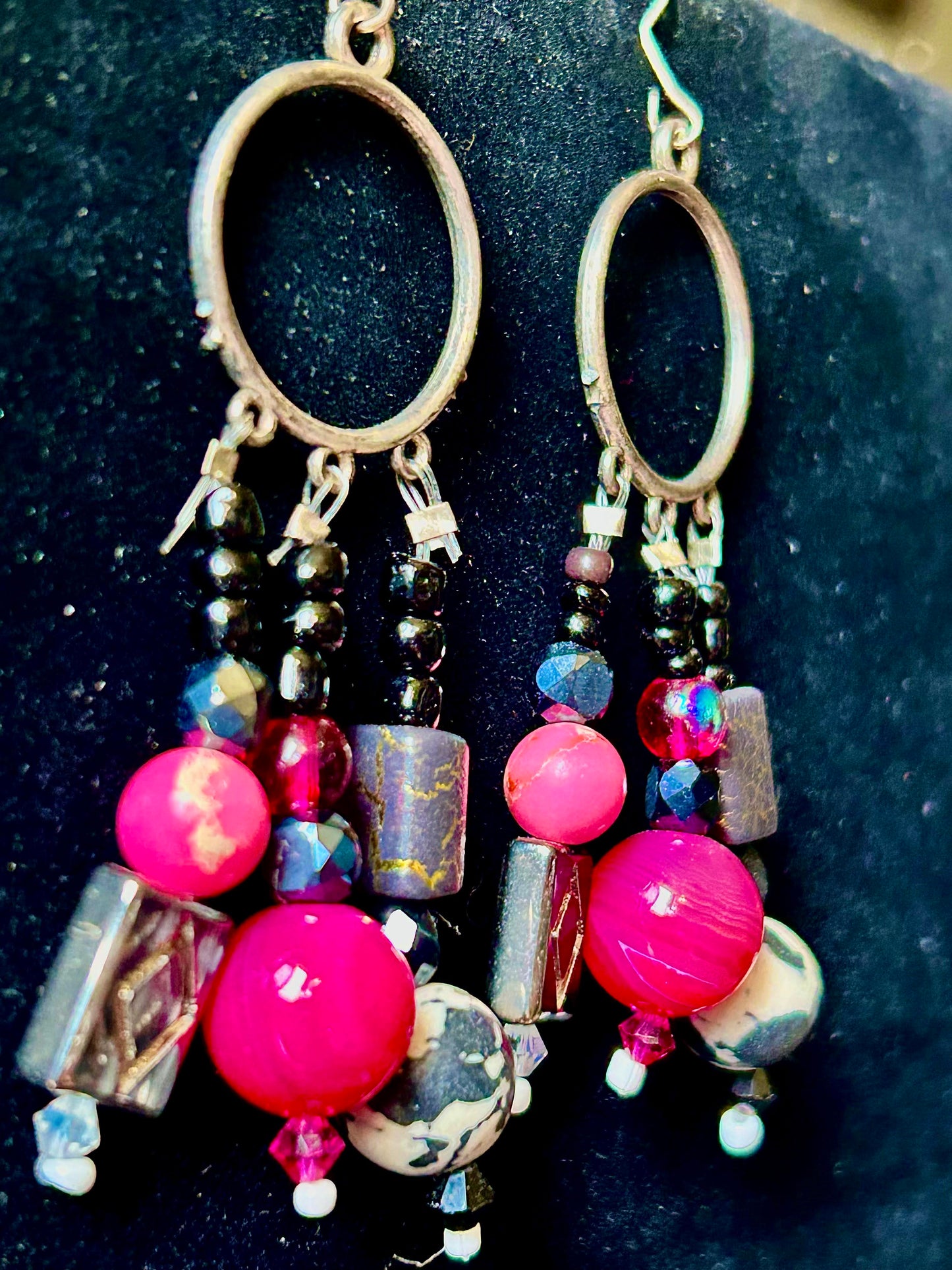 Hot Pink and Black Spotted + Crackled ChandelEarrings with Polymer Clay, and Czech Glass Beads w. Hypoallergenic Silver-plated Findings