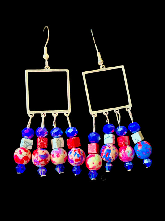 Handmade Red, White and Blue Square 4-Drop ChandelEarrings with Glass, Crystal, and Imperial Jasper Gemstones with Silver Plated Hypoallergenic Findings