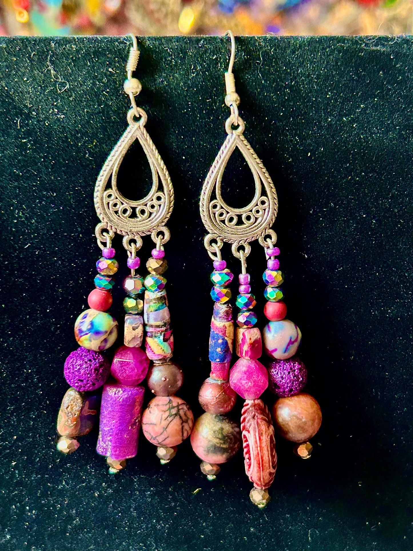 Dirty Purple Homecrafted ChandelEarrings w. Crystal, Glass, and Multi-Colored Paper Bead & Hypoallergenic Silver-Plated Findings