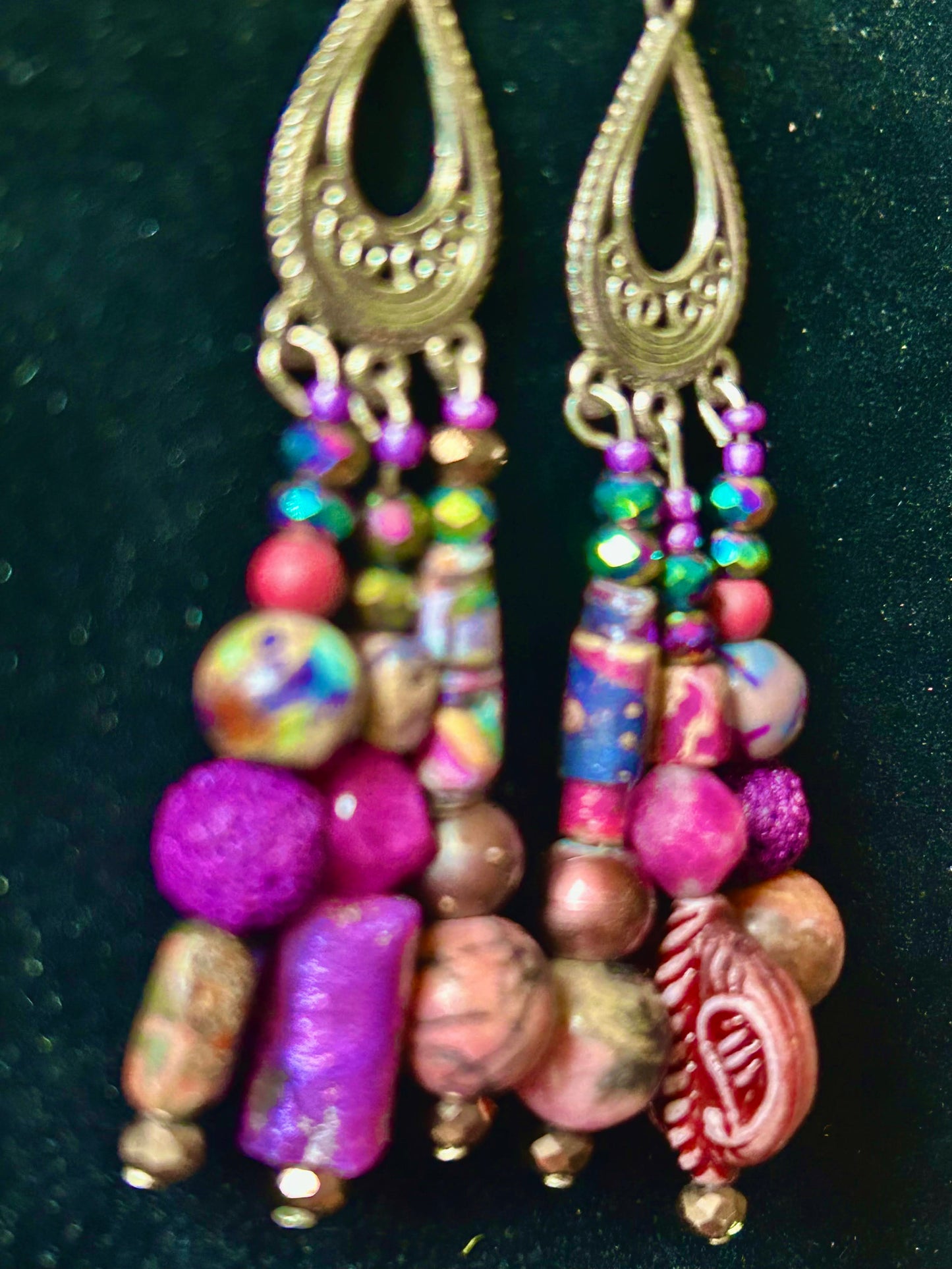 Dirty Purple Homecrafted ChandelEarrings w. Crystal, Glass, and Multi-Colored Paper Bead & Hypoallergenic Silver-Plated Findings