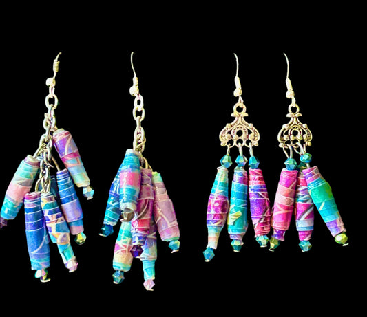 Purple Mermaid Blue Homemade Paper Bead Chain Clusters & ChandelEarring Set & Hypoallergenic Silver-Plated Findings