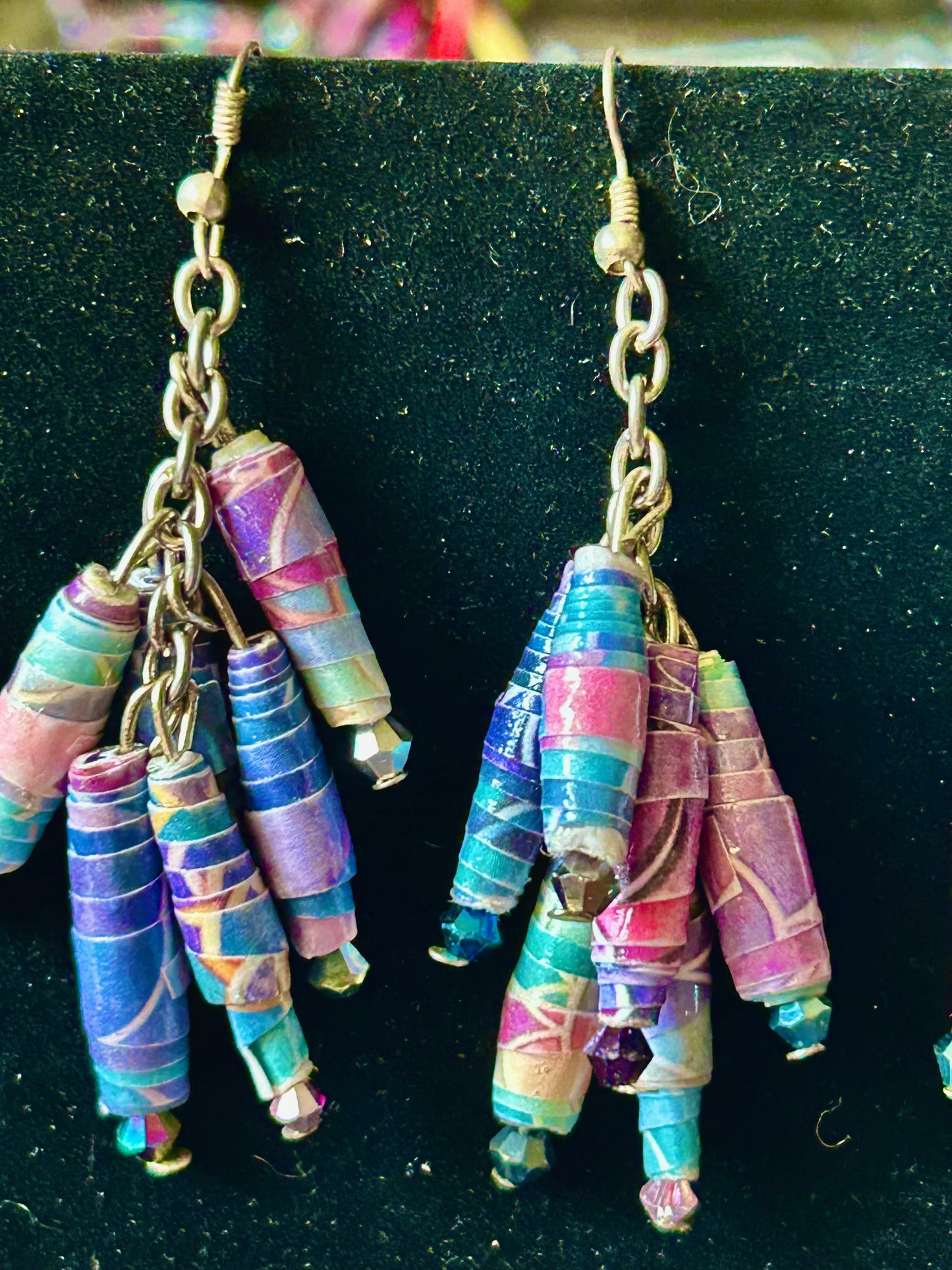 Purple Mermaid Blue Homemade Paper Bead Chain Clusters & ChandelEarring Set & Hypoallergenic Silver-Plated Findings