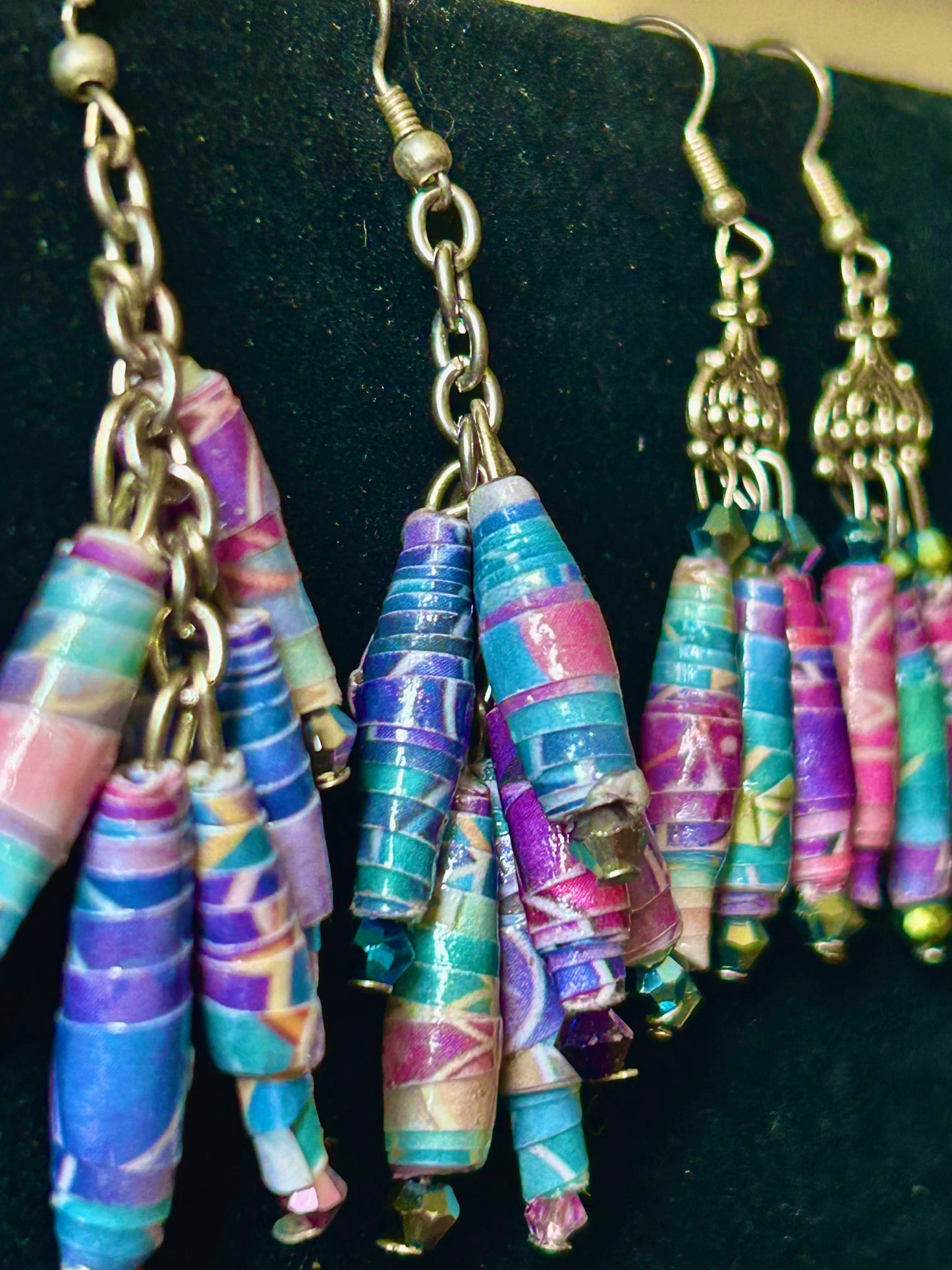 Purple Mermaid Blue Homemade Paper Bead Chain Clusters & ChandelEarring Set & Hypoallergenic Silver-Plated Findings