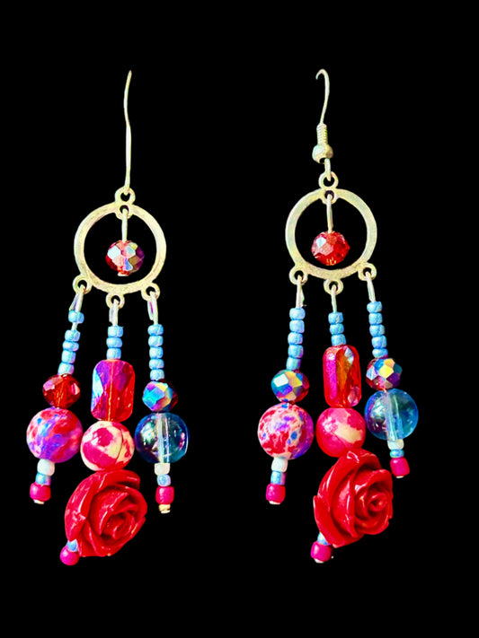 White, Blue and Red Roses ChandelEarrings with Natural Stone, Glass, and Ceramic Rose Beads w. Hypoallergenic Silver-plated findings