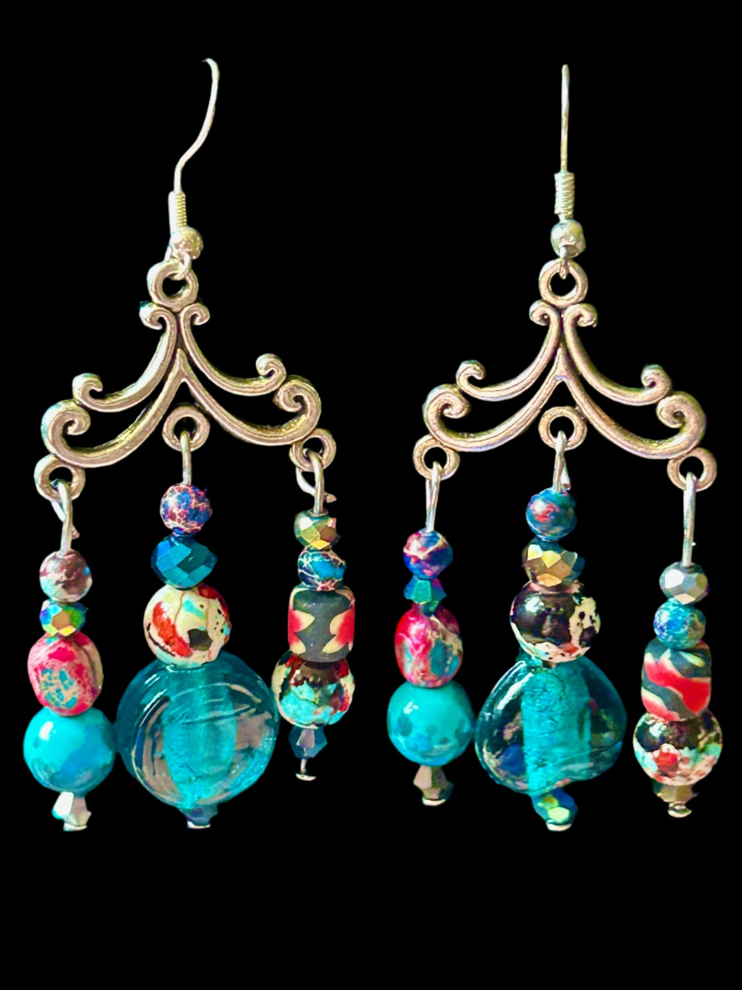Blue Speckle Imperial Jasper 3-Drop ChandelEarrings with Gemstones & Glass Beads w. Hypoallergenic Findings
