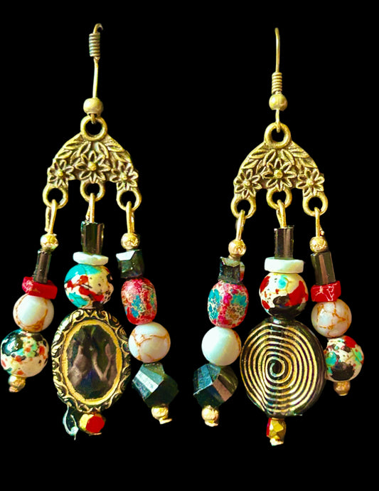 Red White and Black Speckle 3-Drop ChandelEarrings with Acrylic, Imperial Jasper, & Natural Stone Beads w. Hypoallergenic Bronze-plated Findings