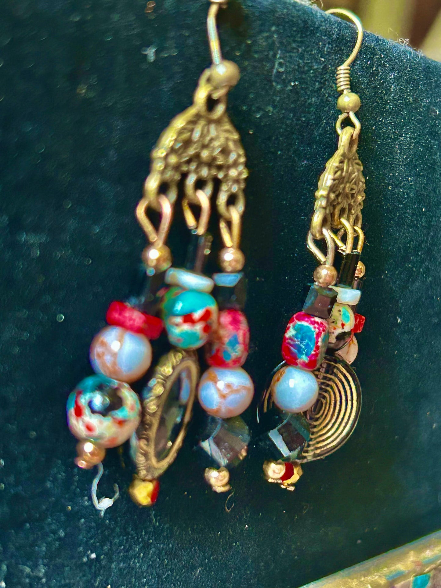 Red White and Black Speckle 3-Drop ChandelEarrings with Acrylic, Imperial Jasper, & Natural Stone Beads w. Hypoallergenic Bronze-plated Findings