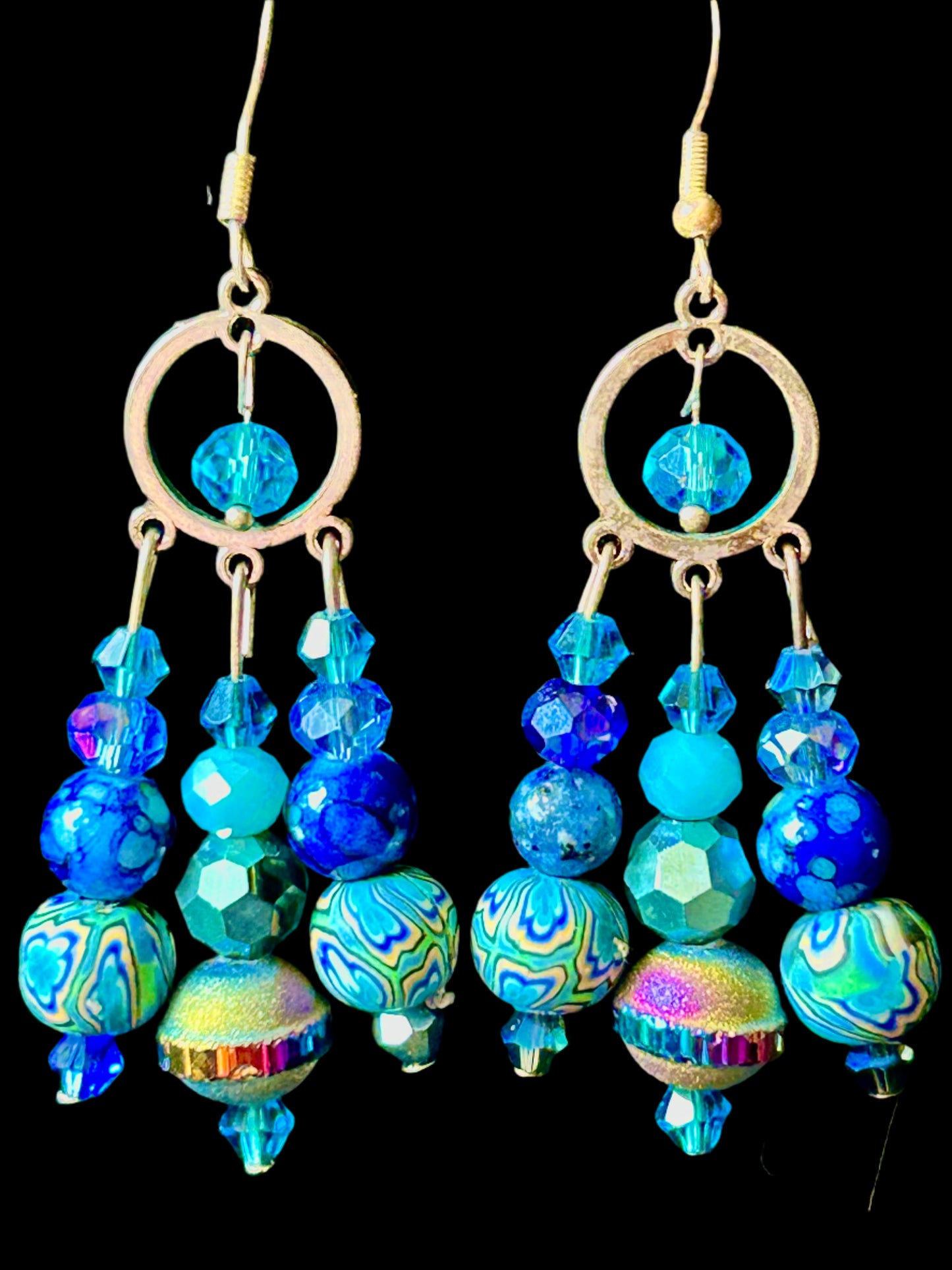 Blues & Blues & Blues 3-Drop ChandelEarrings with Polymer Clay, Crystal & Glass  Beads w. Hypoallergenic Findings