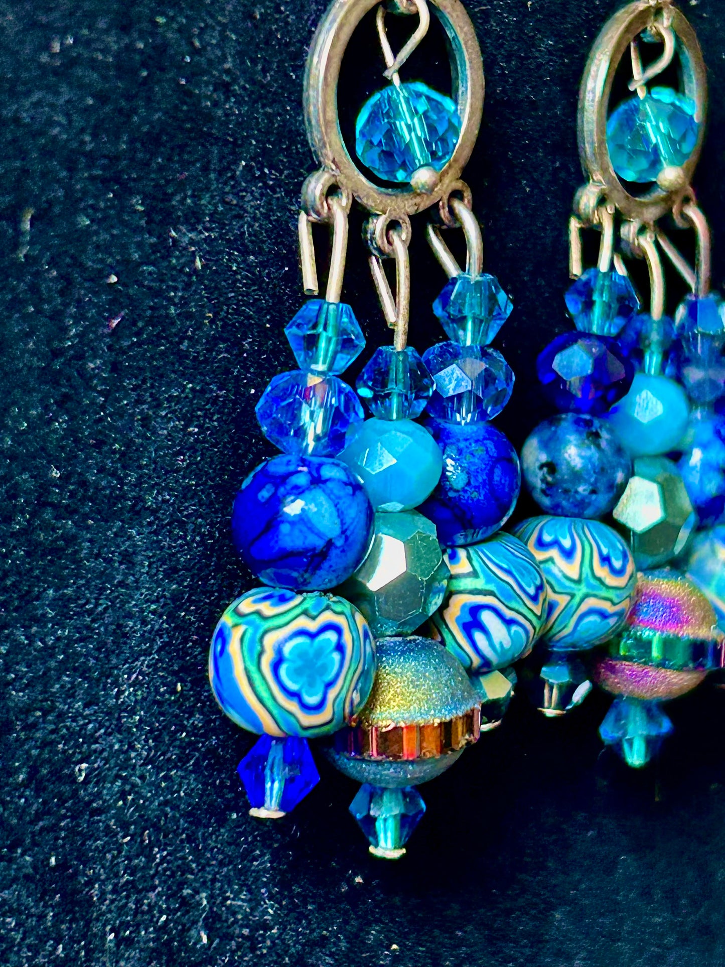 Blues & Blues & Blues 3-Drop ChandelEarrings with Polymer Clay, Crystal & Glass  Beads w. Hypoallergenic Findings