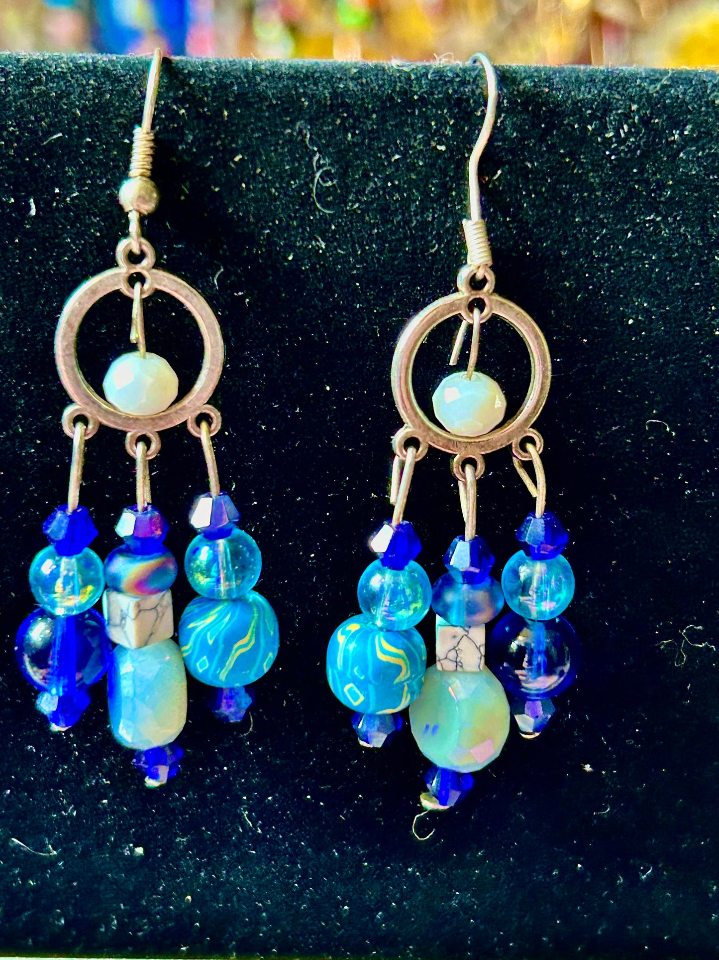 Blues & Blues & Blues 3-Drop ChandelEarrings with Polymer Clay, Crystal & Glass  Beads w. Hypoallergenic Findings