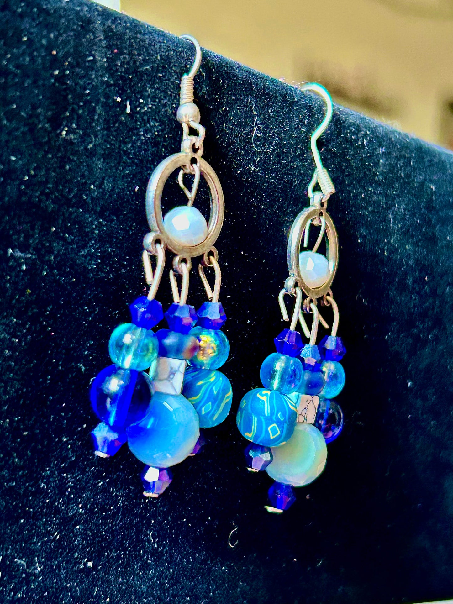 Blues & White 3-Drop ChandelEarrings with Glass & Crystal Beads w. Hypoallergenic Silver-plated Findings