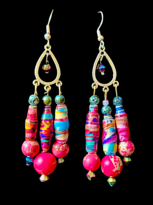 Prettiest Pink 3-Drop ChandelEarrings with Handmade Paper Beads and Natural Stone Beads w. Hypoallergenic Silver-plated Findings