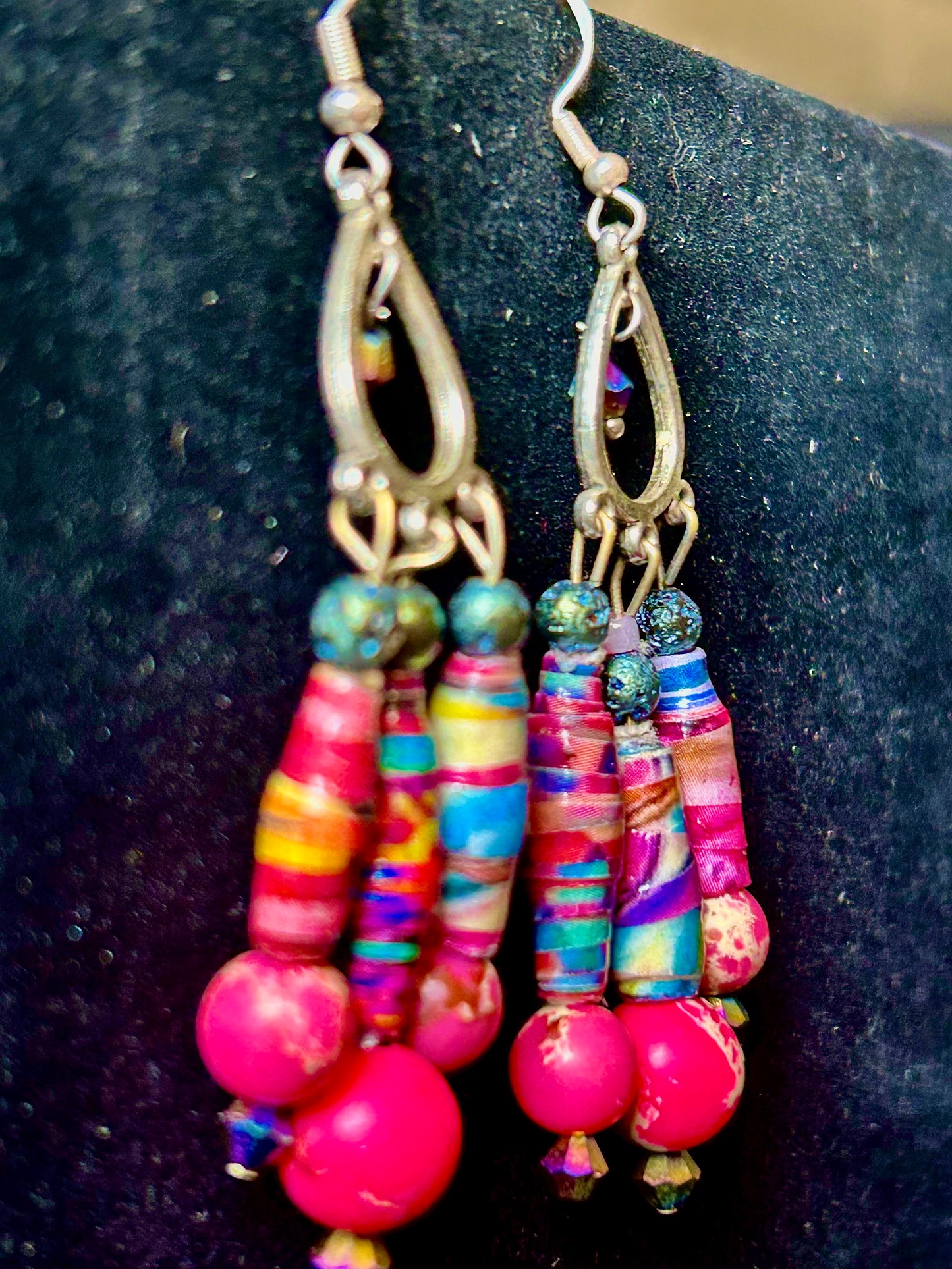 Prettiest Pink 3-Drop ChandelEarrings with Handmade Paper Beads and Natural Stone Beads w. Hypoallergenic Silver-plated Findings