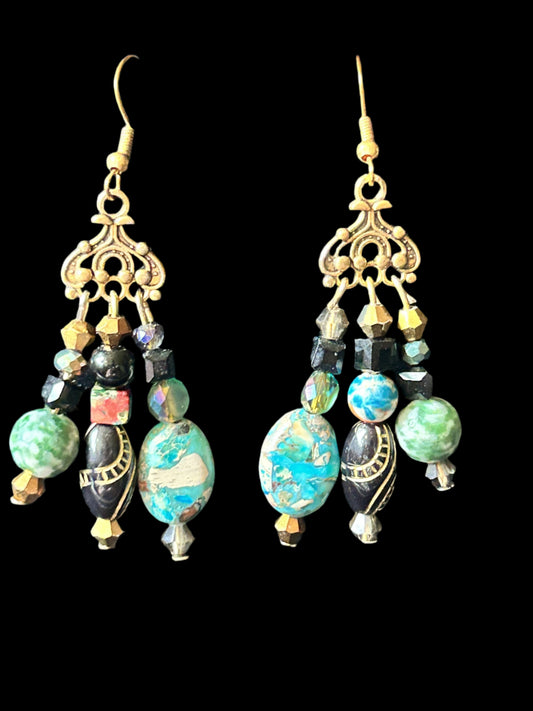 Green, Black, + Bronze 3-Drop ChandelEarrings with Natural Stone, Vintage Acrylic Beads w. Bronze-plated Hypoallergenic Findings