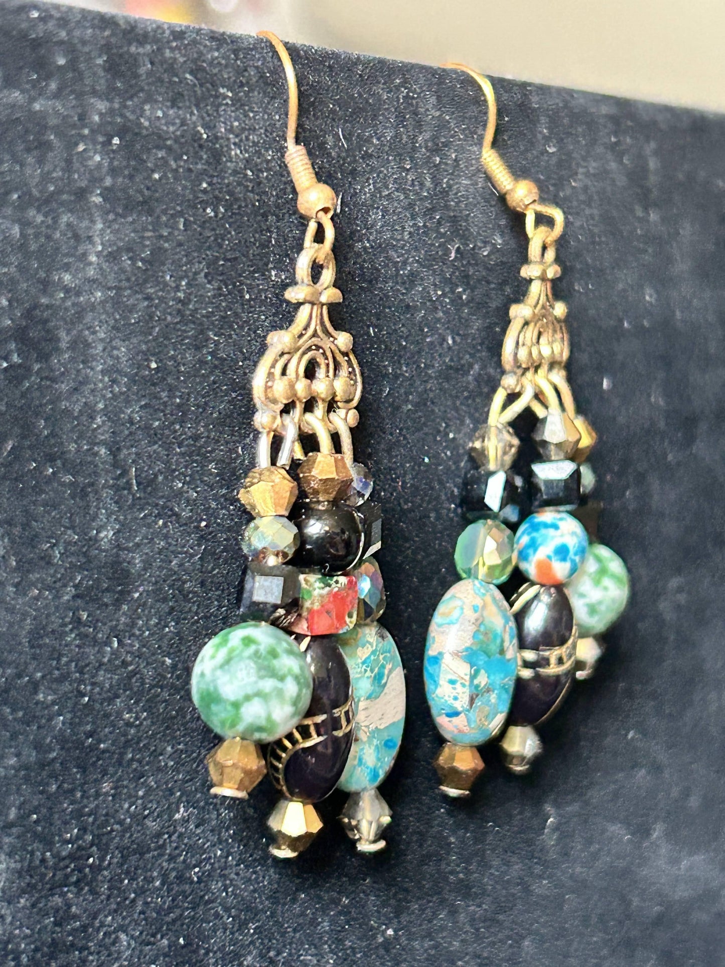 Green, Black, + Bronze 3-Drop ChandelEarrings with Natural Stone, Vintage Acrylic Beads w. Bronze-plated Hypoallergenic Findings
