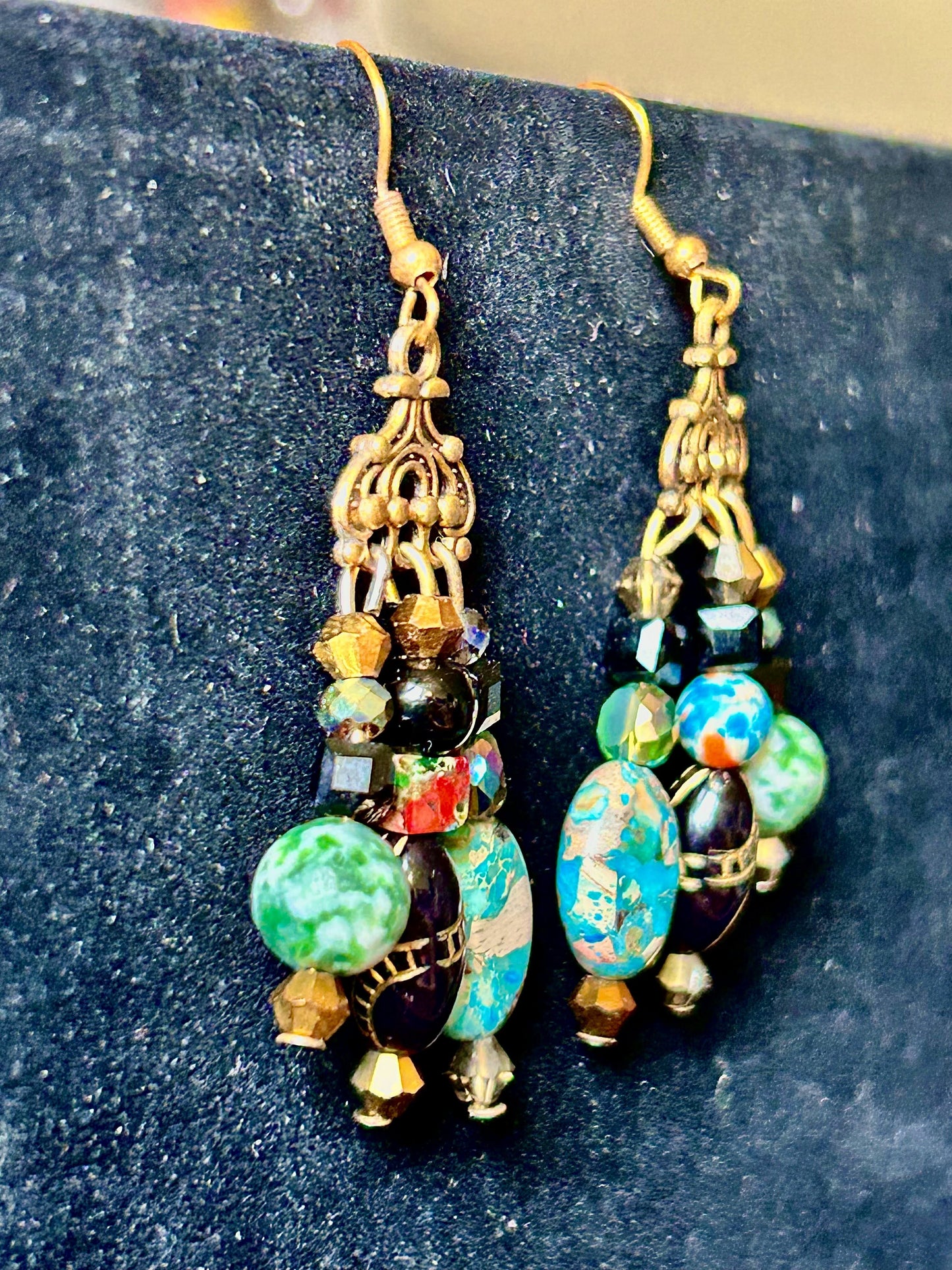 Green, Black, + Bronze 3-Drop ChandelEarrings with Natural Stone, Vintage Acrylic Beads w. Bronze-plated Hypoallergenic Findings