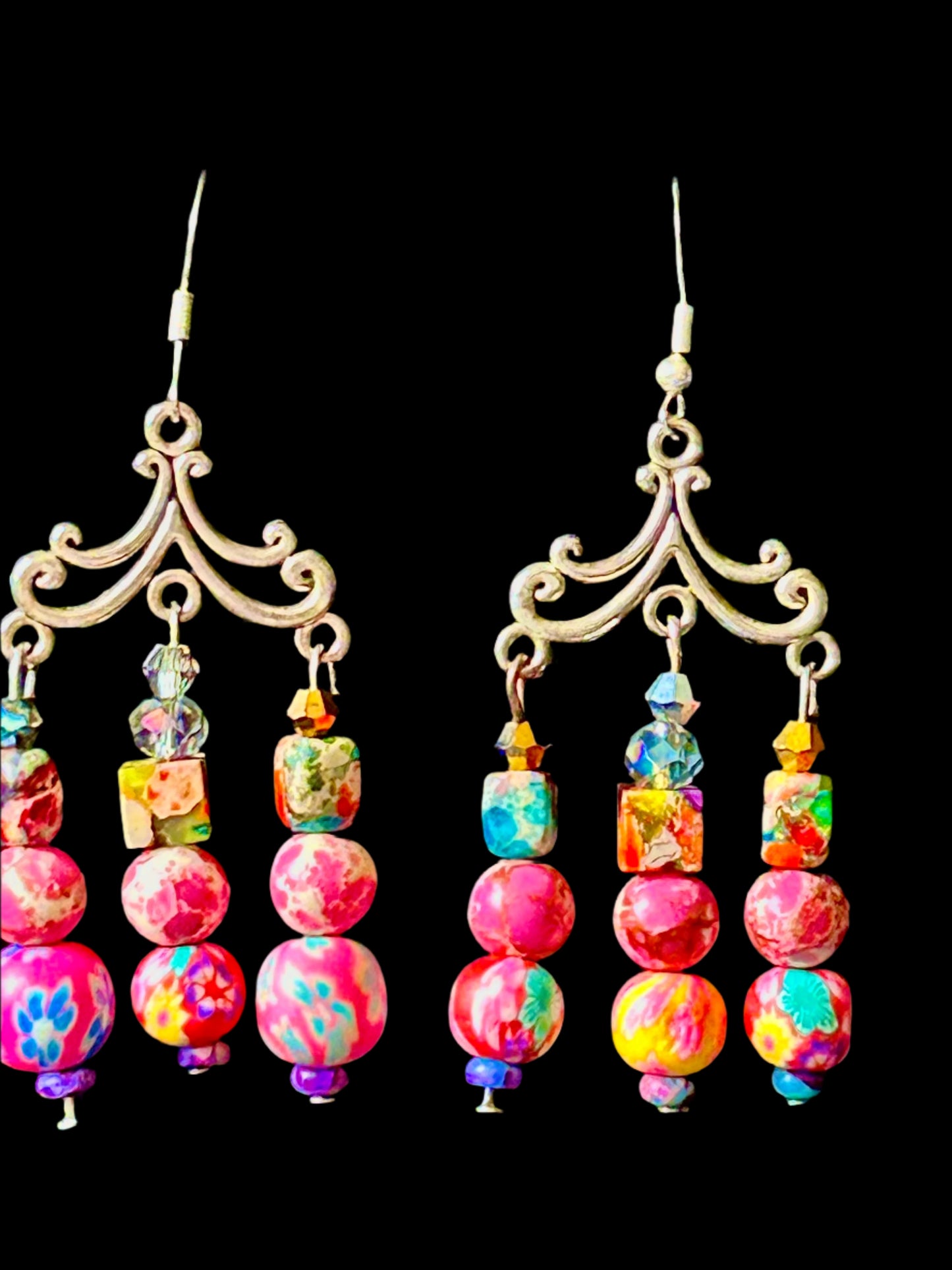 Pink Cream Polymer Clay beads; Imperial Jasper Gemstone ChandelEarrings ~ Handcrafted with 925 SIlver plated Hypoallergenic Findings