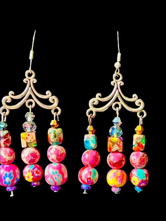 Pink Cream Polymer Clay beads; Imperial Jasper Gemstone ChandelEarrings ~ Handcrafted with 925 SIlver plated Hypoallergenic Findings