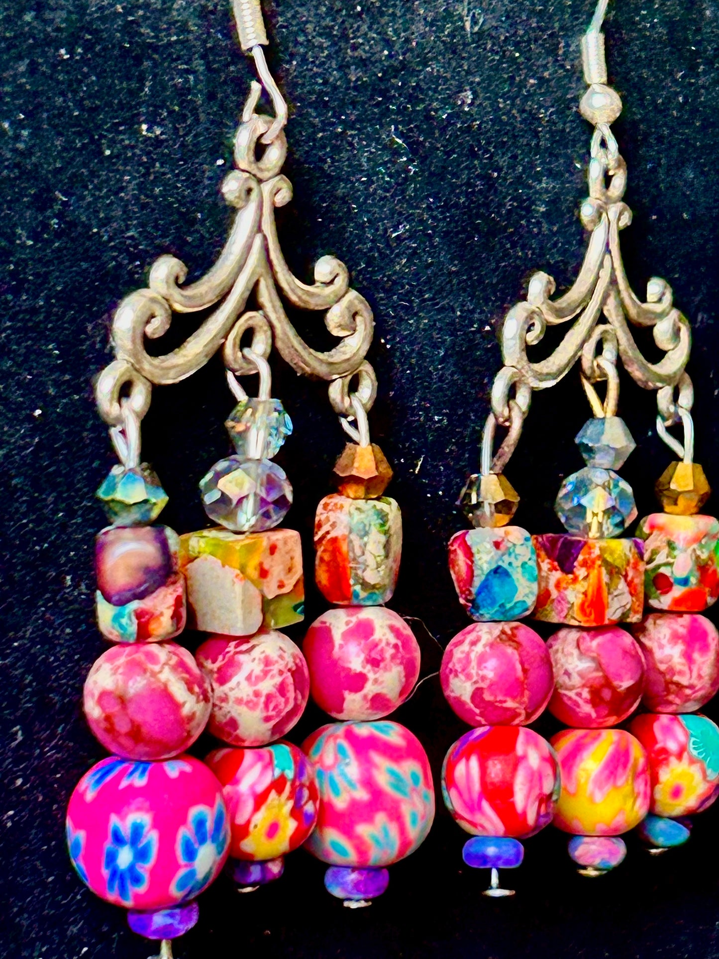 Pink Cream Polymer Clay beads; Imperial Jasper Gemstone ChandelEarrings ~ Handcrafted with 925 SIlver plated Hypoallergenic Findings