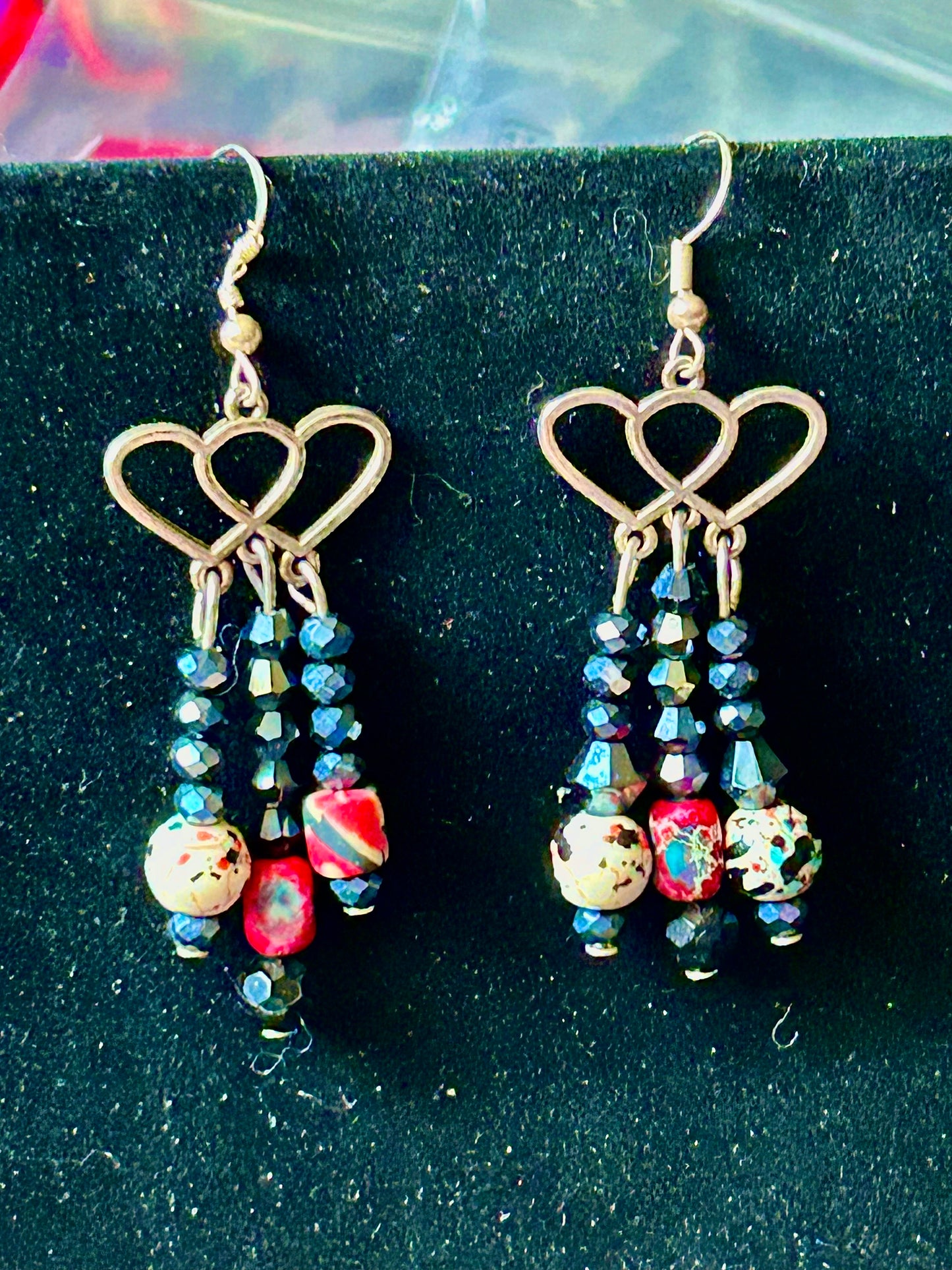 Red, Slate, & Gemstone Speckle White Handcrafted ChandelEarrings with Heart Finding ~ Crystal, Gemstone, & Polymer Clay Beads