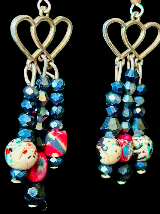 Red, Slate, & Gemstone Speckle White Handcrafted ChandelEarrings with Heart Finding ~ Crystal, Gemstone, & Polymer Clay Beads