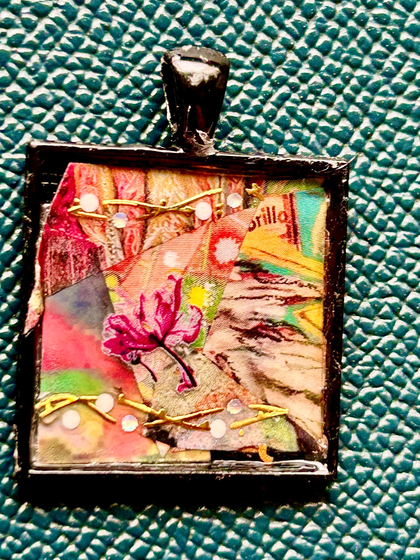 Artisan Handcrafted Abstract Micro Paper Collage one-inch Square Pendant Creative Gift, Colorful and Brilliant