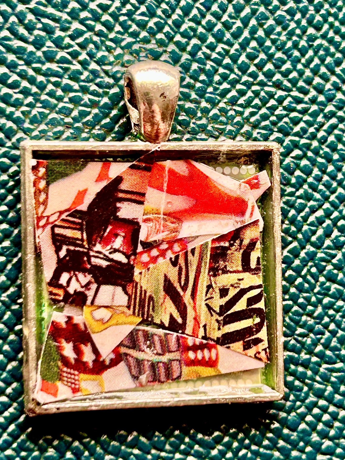 Artisan Handcrafted Abstract Micro Paper Collage one-inch Square Pendant Creative Gift, Colorful and Brilliant