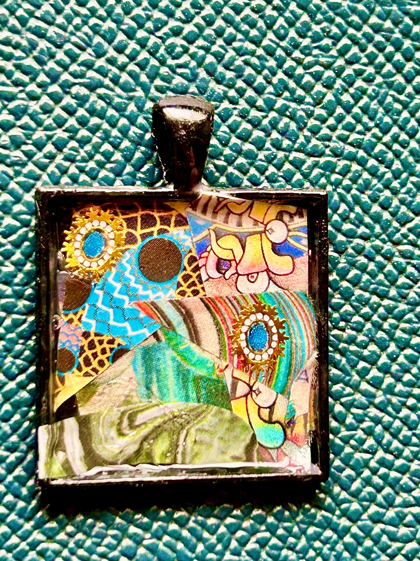 Artisan Handcrafted Abstract Micro Paper Collage one-inch Square Pendant Creative Gift, Colorful and Brilliant
