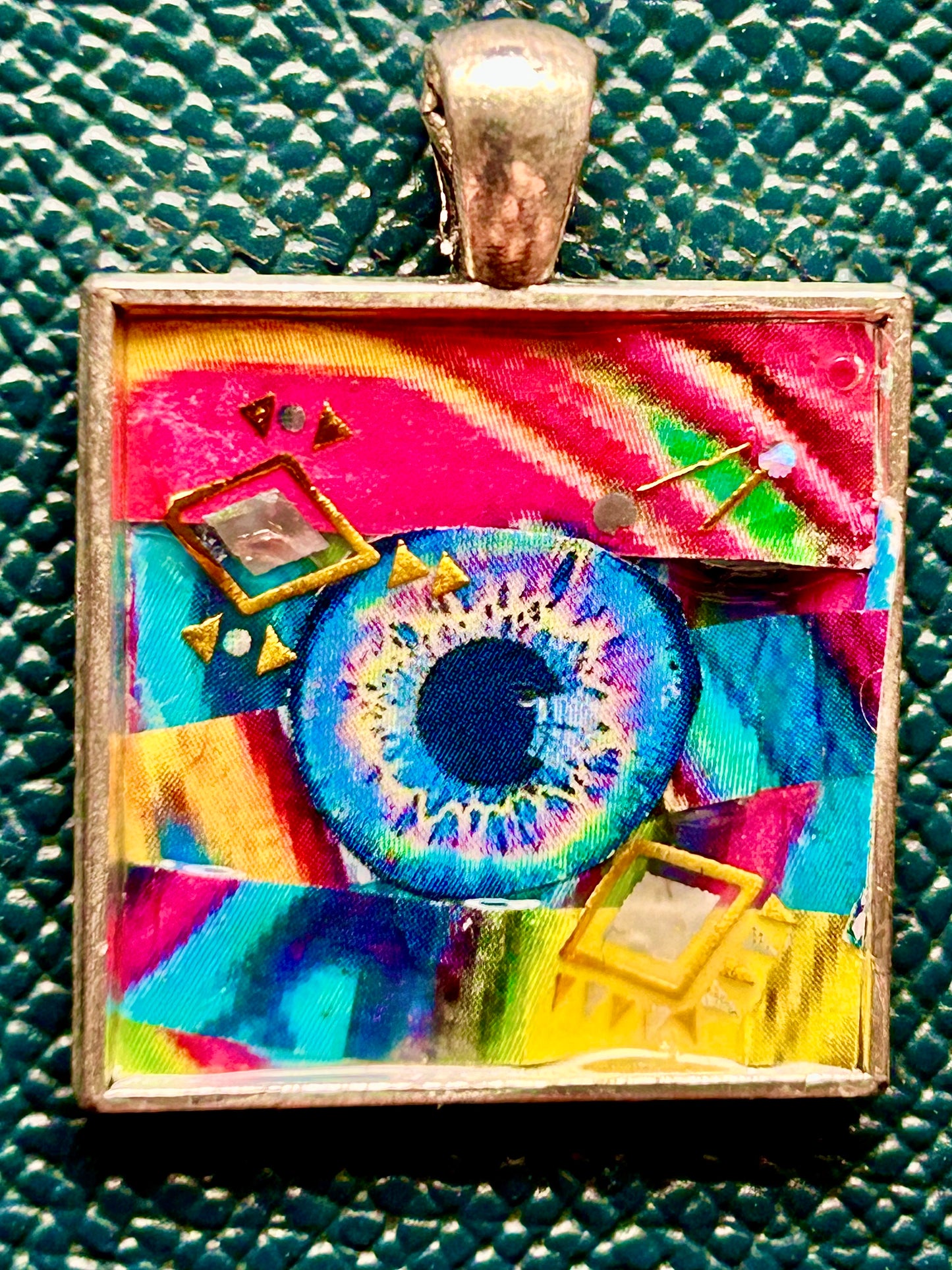 Artisan Handcrafted Abstract Micro Paper Collage one-inch Square Pendant Creative Gift, Colorful and Brilliant